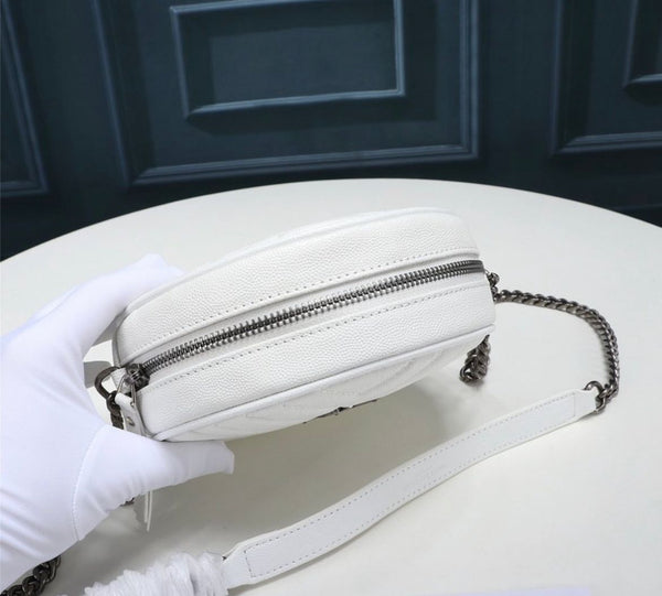 YSL ROUND VINYLE CAMERA BAG IN WHITE LEATHER