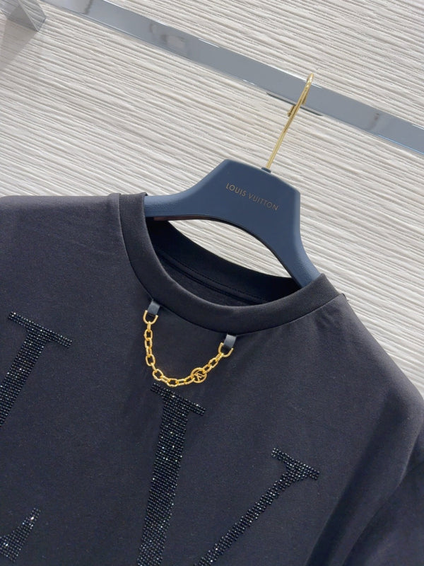 LV 25 Chain Round Neck T-shirt Black White Cotton