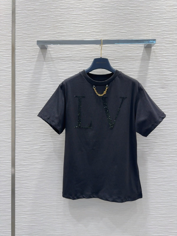 LV 25 Chain Round Neck T-shirt Black White Cotton