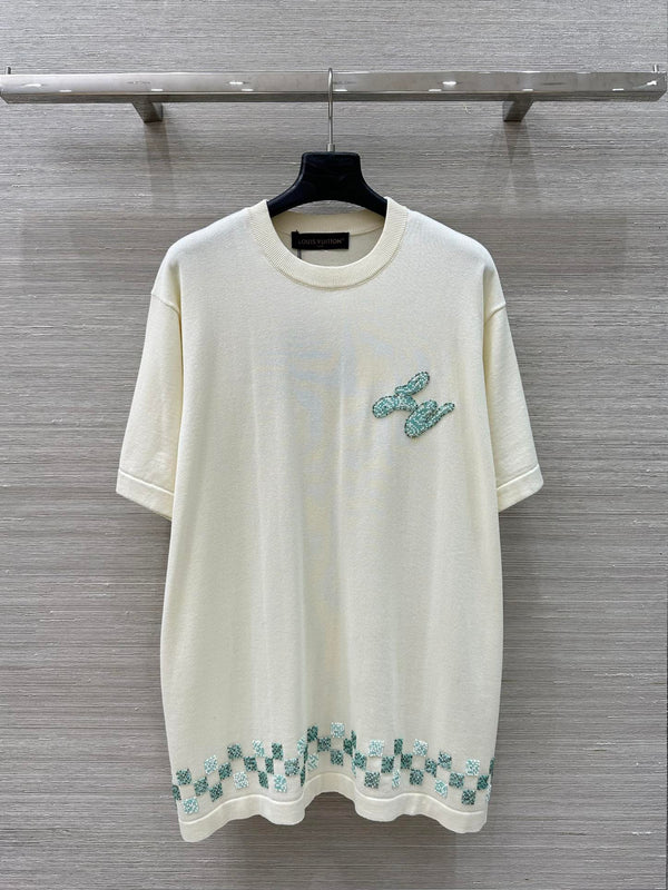 LV 25 Plaid Beading Embroidered Letters CasualT-Shirt White Beige Cotton