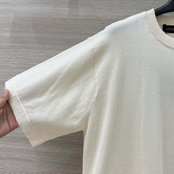 LV 25 Plaid Beading Embroidered Letters CasualT-Shirt White Beige Cotton