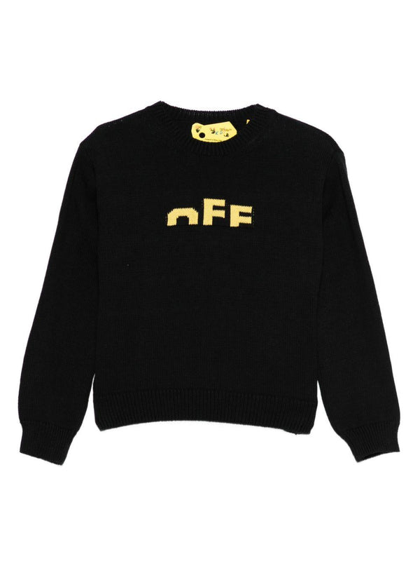 Maglione per bambino Off-White nero con logo ricamato e orlo a coste