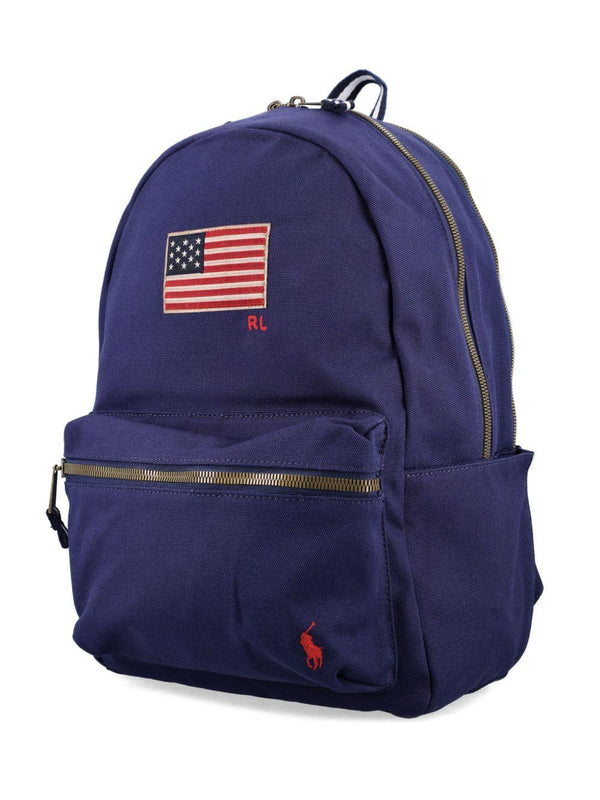 Zaino American per bambini Polo Ralph Lauren Kids blu con ricamo con logo frontale