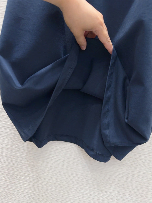 LV 25 Metal Zipper Decoration On The Left Shoulder DressBlue Cotton