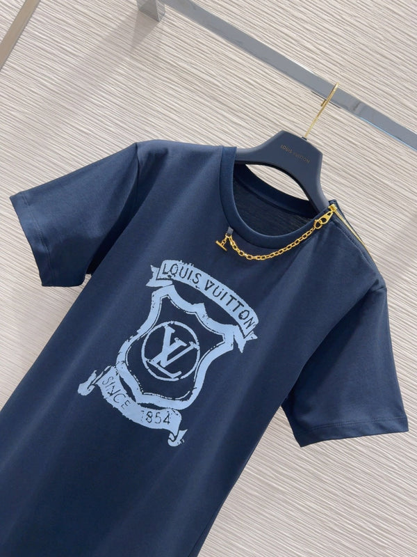 LV 25 Metal Zipper Decoration On The Left Shoulder DressBlue Cotton