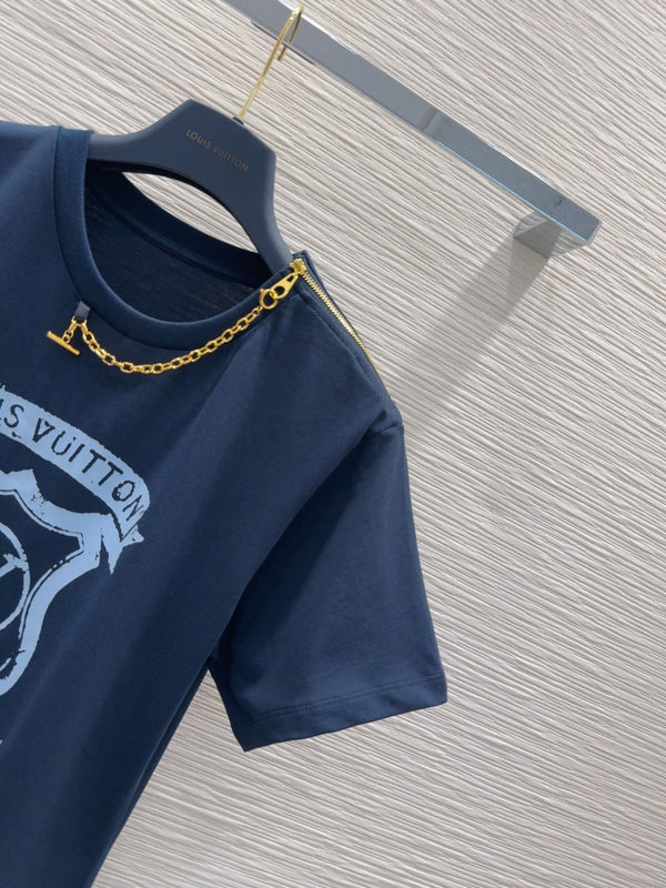 LV 25 Metal Zipper Decoration On The Left Shoulder DressBlue Cotton