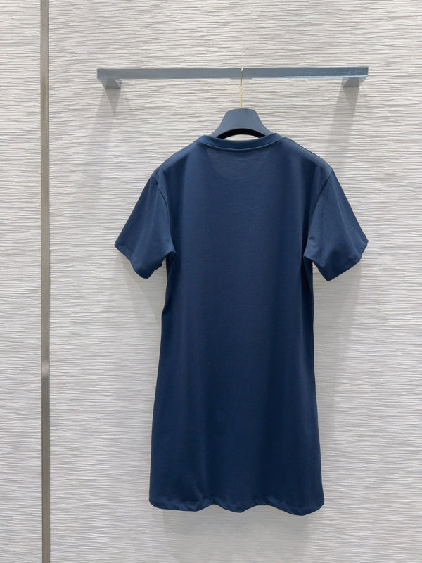 LV 25 Metal Zipper Decoration On The Left Shoulder DressBlue Cotton