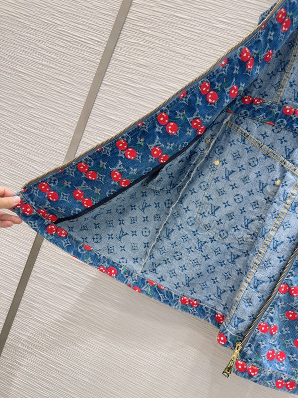LV 25 Cherry Denim Vest Dress Blue Cotton
