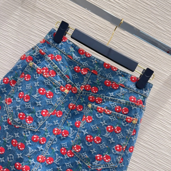 LV 25 Cherry Denim SkirtBlue Cotton