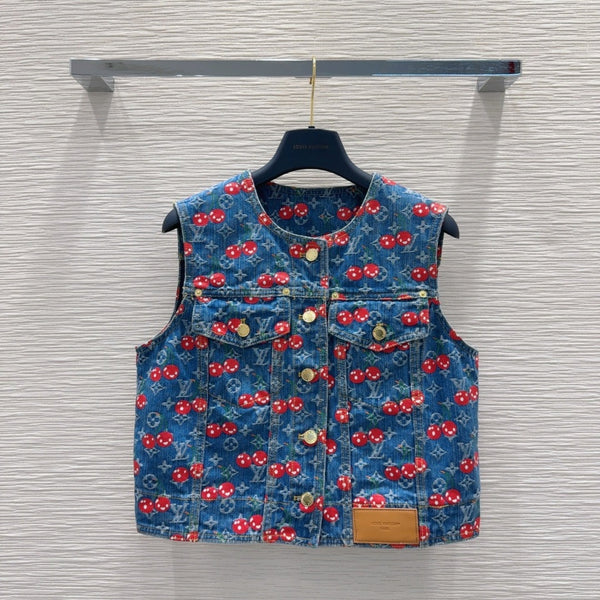 LV 25 Cherry Denim Vest Jacket Blue Cotton