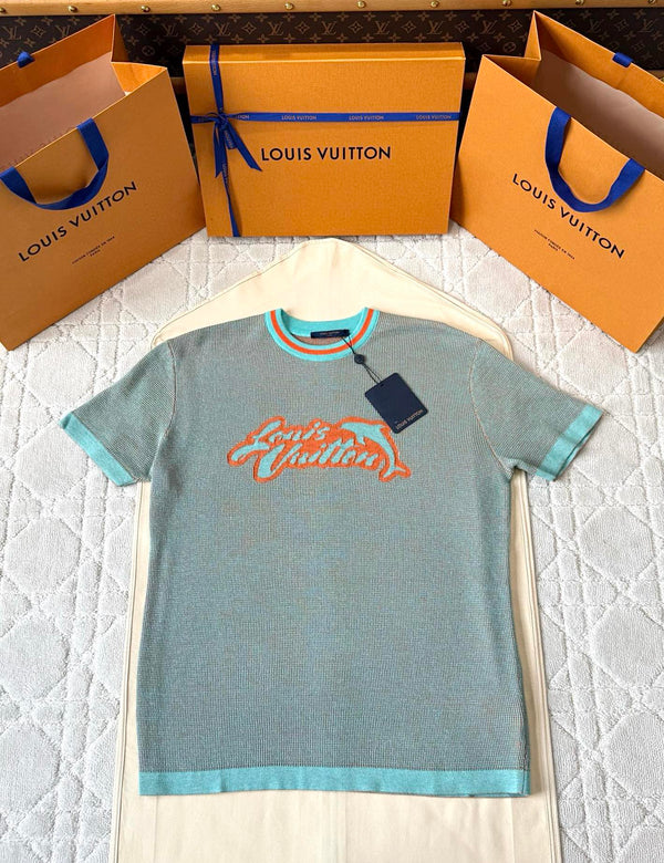 LV 25Dolphin Jacquard Short SleeveShirt Blue Sweater Knit