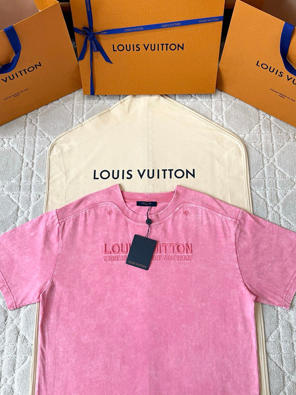 LV 25 Washed Powder Embroidery Round Neck T-shirt Pink Cotton