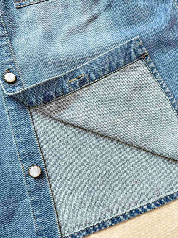 LV 25 Denim Pocket Embroidered Short Sleeve Shirt Blue Cotton