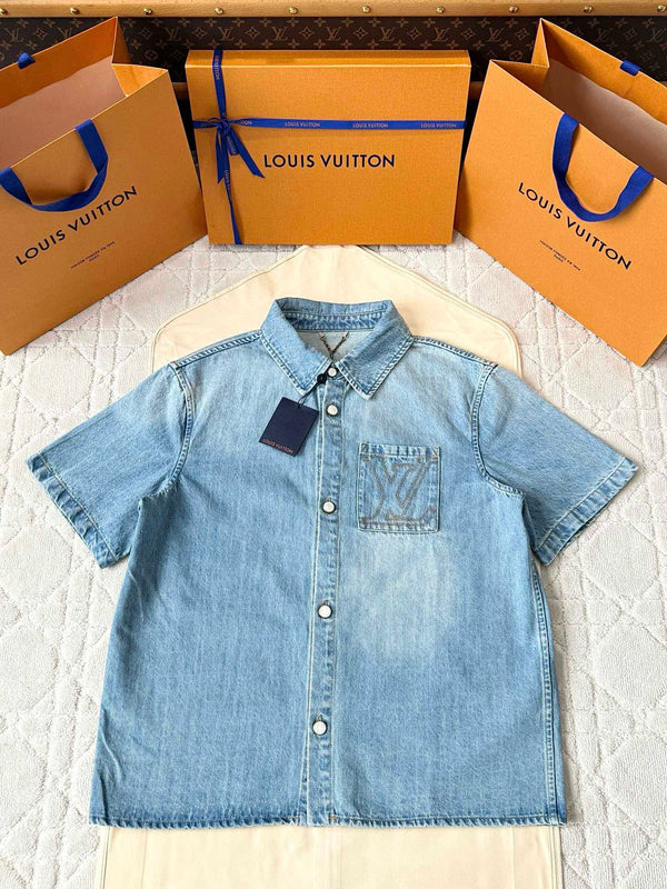 LV 25 Denim Pocket Embroidered Short Sleeve Shirt Blue Cotton