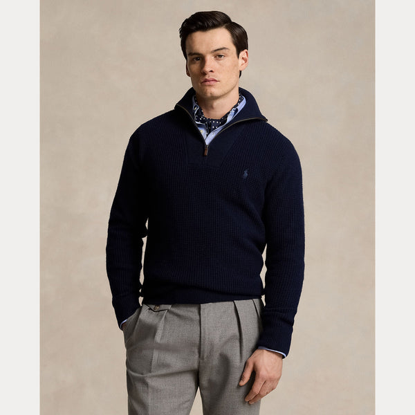 WAFFLE WOOL-COTTON QUARTER-ZIP SWEATER 